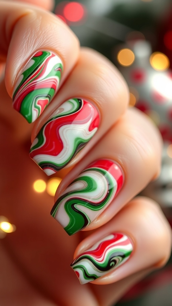 Close-up of Christmas marble nail art in red, green, and white swirls on well-manicured nails.